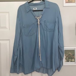 Lace up LS chambray top
